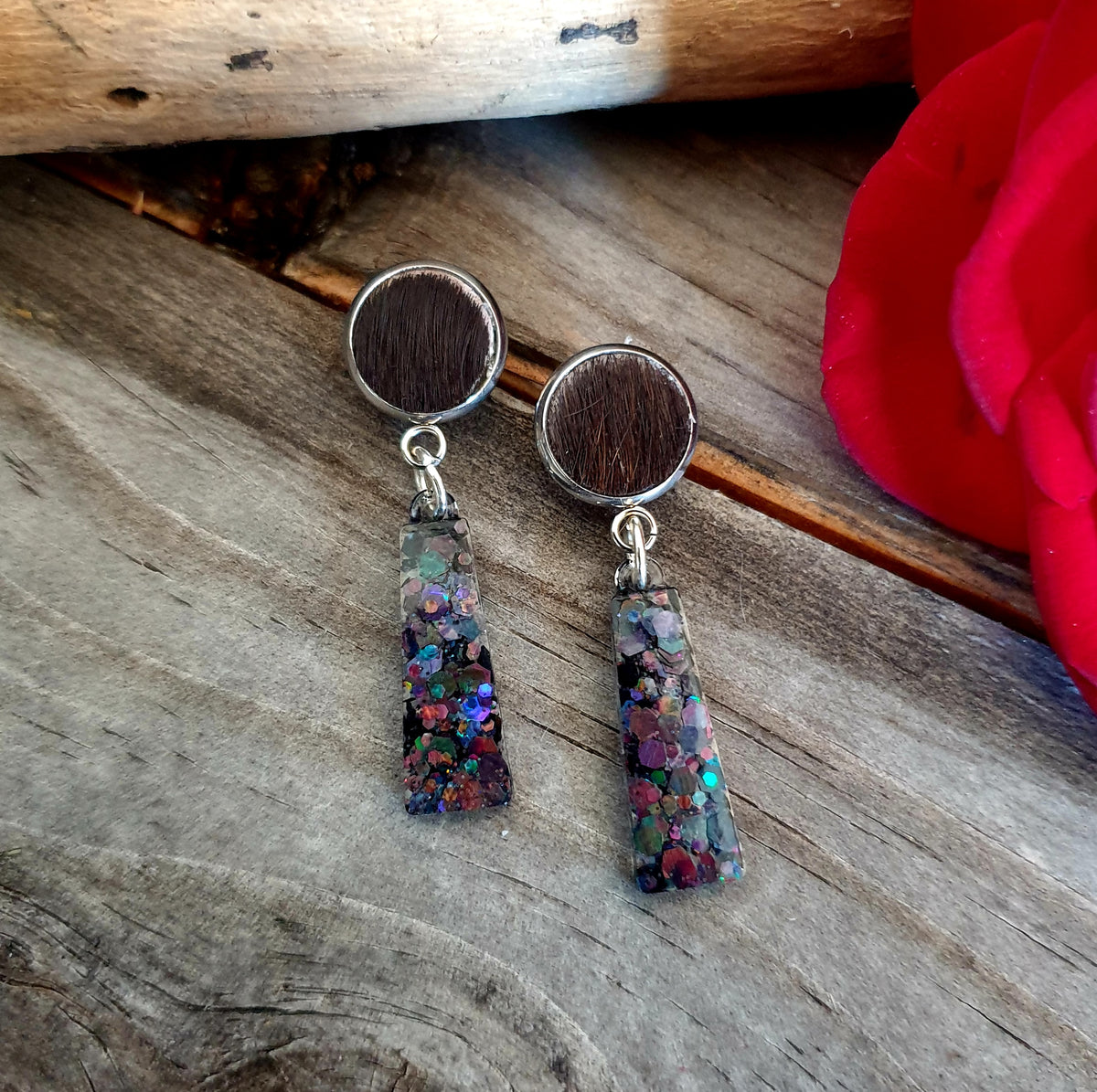 HAIR ON HIDE and RESIN EARRING COLLECTION BLUE ROAN ROPES and TACK