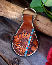 Load image into Gallery viewer, Genuine Leather Sunflower and Turquoise Carved Western Style Key Chain