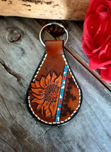 Load image into Gallery viewer, Genuine Leather Sunflower and Turquoise Carved Western Style Key Chain