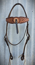 Load image into Gallery viewer, Dark Horse Collection - Wide Brow Basket Stamped Headstall "Goldmine"