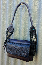 Load image into Gallery viewer, Handmade Genuine Leather Tooled Crossbody Bag with Tooling and Fringe