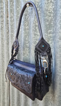 Load image into Gallery viewer, Handmade Genuine Leather Tooled Crossbody Bag with Tooling and Fringe