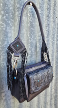 Load image into Gallery viewer, Handmade Genuine Leather Tooled Crossbody Bag with Tooling and Fringe