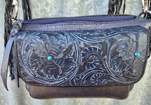 Load image into Gallery viewer, Handmade Genuine Leather Tooled Crossbody Bag with Tooling and Fringe