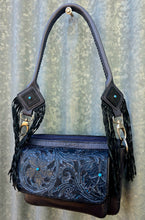 Load image into Gallery viewer, Handmade Genuine Leather Tooled Crossbody Bag with Tooling and Fringe