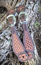 Load image into Gallery viewer, Genuine Leather Ladies Spur Straps with Floral and Basket Stamp Tooling