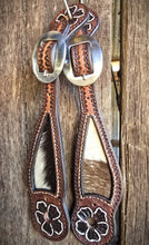 Load image into Gallery viewer, Genuine Leather Ladies Spur Straps with Hair On Hide Inlay and Tooling