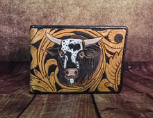 Load image into Gallery viewer, Genuine Leather Hand Carved Western Bifold Wallet 'Playin With The Big Boys'