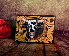 Load image into Gallery viewer, Genuine Leather Hand Carved Western Bifold Wallet 'Playin With The Big Boys'