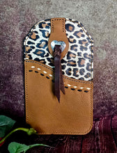 Load image into Gallery viewer, Western Style Phone or Saddle Pouch - Hair On Hide Embossed Leather with Buck Stitching and Silver Toned Conchos