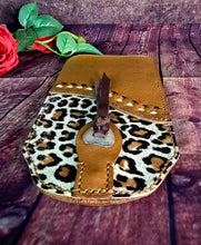 Load image into Gallery viewer, Western Style Phone or Saddle Pouch - Hair On Hide Embossed Leather with Buck Stitching and Silver Toned Conchos
