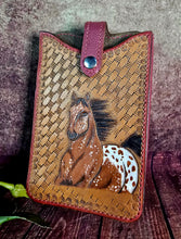Load image into Gallery viewer, Western Style Tooled Phone or Saddle Pouch - Appaloosa Horse with Basket Stamping