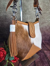 Load image into Gallery viewer, Hair On Hide Cowgirl Bucket Bag with Tooled Strap Genuine Leather