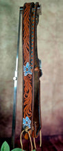 Load image into Gallery viewer, HANDMADE HERMAN OAK SLIP EAR HEADSTALL - Blue Flowers and Vines Hand Carved and Painted Design