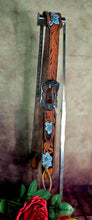 Load image into Gallery viewer, HANDMADE HERMAN OAK SLIP EAR HEADSTALL - Blue Flowers and Vines Hand Carved and Painted Design