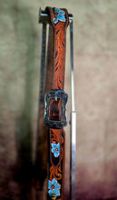 Load image into Gallery viewer, HANDMADE HERMAN OAK SLIP EAR HEADSTALL - Blue Flowers and Vines Hand Carved and Painted Design