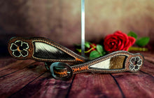 Load image into Gallery viewer, Genuine Leather Ladies Spur Straps with Hair On Hide Inlay and Tooling