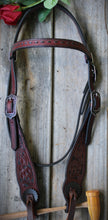 Load image into Gallery viewer, Dark Horse Collection - Dark Mahogany Tooled Cheeks Headstall "Sahara"