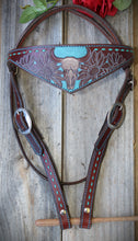 Load image into Gallery viewer, Dark Horse Collection - Tooled Wide Brown Leather Headstall "Blue Eyed Oak"