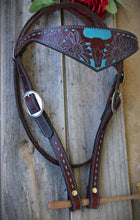Load image into Gallery viewer, Dark Horse Collection - Tooled Wide Brown Leather Headstall "Blue Eyed Oak"