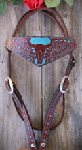 Load image into Gallery viewer, Dark Horse Collection - Tooled Wide Brown Leather Headstall "Blue Eyed Oak"