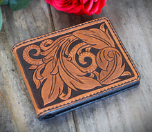 Load image into Gallery viewer, Mens Hand Tooled Western Style Bifold Wallet - Feathers and Vines