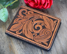 Load image into Gallery viewer, Mens Hand Tooled Western Style Bifold Wallet - Feathers and Vines