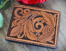 Load image into Gallery viewer, Mens Hand Tooled Western Style Bifold Wallet - Feathers and Vines