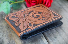 Load image into Gallery viewer, Mens Hand Tooled Western Style Bifold Wallet - Feathers and Vines