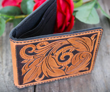Load image into Gallery viewer, Mens Hand Tooled Western Style Bifold Wallet - Feathers and Vines