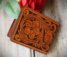 Load image into Gallery viewer, Mens Hand Tooled Western Style Bifold Wallet - Hair On Hide Inlay