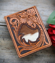 Load image into Gallery viewer, Mens Hand Tooled Western Style Bifold Wallet - Hair On Hide Inlay