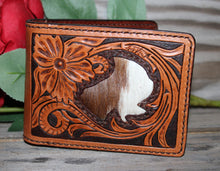 Load image into Gallery viewer, Mens Hand Tooled Western Style Bifold Wallet - Hair On Hide Inlay