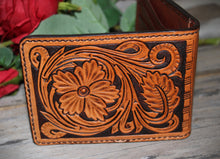 Load image into Gallery viewer, Mens Hand Tooled Western Style Bifold Wallet - Hair On Hide Inlay