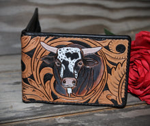 Load image into Gallery viewer, Genuine Leather Hand Carved Western Bifold Wallet 'Playin With The Big Boys'