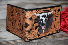 Load image into Gallery viewer, Genuine Leather Hand Carved Western Bifold Wallet 'Playin With The Big Boys'