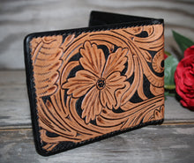 Load image into Gallery viewer, Genuine Leather Hand Carved Western Bifold Wallet 'Playin With The Big Boys'