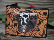 Load image into Gallery viewer, Genuine Leather Hand Carved Western Bifold Wallet 'Playin With The Big Boys'