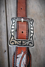 Load image into Gallery viewer, HANDMADE HERMAN OAK SLIP EAR HEADSTALL - Feathers and Vines Hand Carved and Painted Design