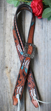 Load image into Gallery viewer, HANDMADE HERMAN OAK SLIP EAR HEADSTALL - Feathers and Vines Hand Carved and Painted Design