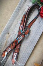 Load image into Gallery viewer, HANDMADE HERMAN OAK SLIP EAR HEADSTALL - Feathers and Vines Hand Carved and Painted Design