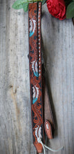 Load image into Gallery viewer, HANDMADE HERMAN OAK SLIP EAR HEADSTALL - Feathers and Vines Hand Carved and Painted Design