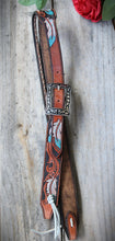 Load image into Gallery viewer, HANDMADE HERMAN OAK SLIP EAR HEADSTALL - Feathers and Vines Hand Carved and Painted Design