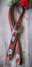 Load image into Gallery viewer, HANDMADE HERMAN OAK SLIP EAR HEADSTALL - Blue Flowers and Vines Hand Carved and Painted Design