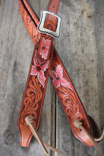 Load image into Gallery viewer, HANDMADE HERMAN OAK SLIP EAR HEADSTALL - Pink Flowers and Vines Hand Carved and Painted Design