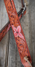 Load image into Gallery viewer, HANDMADE HERMAN OAK SLIP EAR HEADSTALL - Pink Flowers and Vines Hand Carved and Painted Design