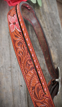 Load image into Gallery viewer, HANDMADE HERMAN OAK SLIP EAR HEADSTALL - Pink Flowers and Vines Hand Carved and Painted Design