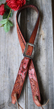 Load image into Gallery viewer, HANDMADE HERMAN OAK SLIP EAR HEADSTALL - Pink Flowers and Vines Hand Carved and Painted Design