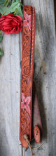 Load image into Gallery viewer, HANDMADE HERMAN OAK SLIP EAR HEADSTALL - Pink Flowers and Vines Hand Carved and Painted Design