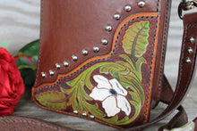 Load image into Gallery viewer, Handmade Genuine Leather Tooled Crossbody Bag with Flowers and Vines Design